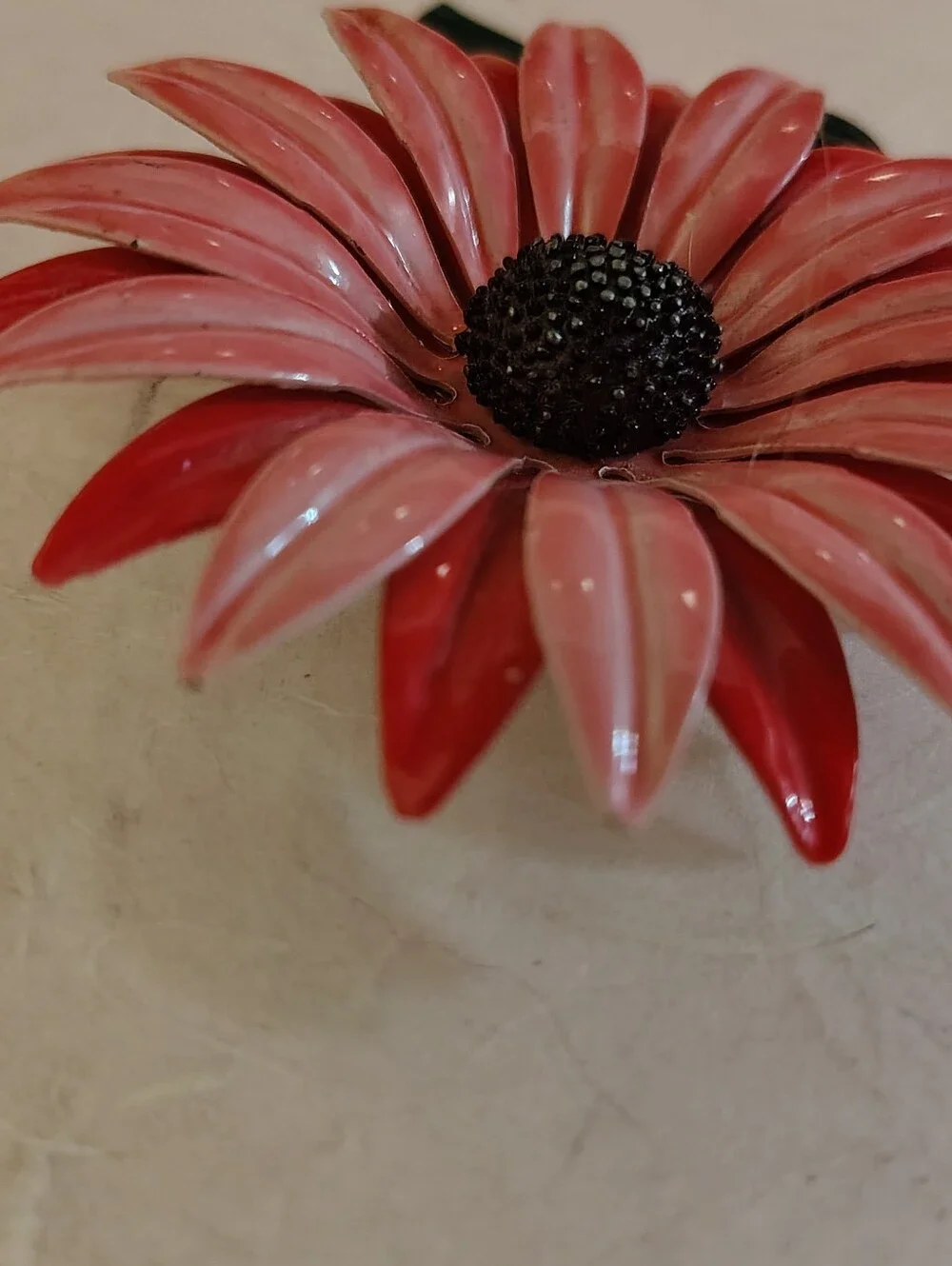 Vintage 1960s Coral Orange Enamel Daisy Flower Brooch Pin w/ Green Stem